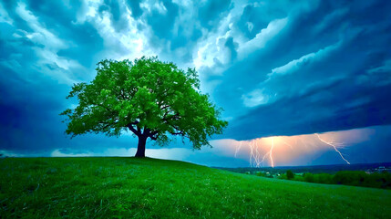 Fototapeta na wymiar Majestic Green Tree Under Dramatic Thunderstorm and Lightning Sky
