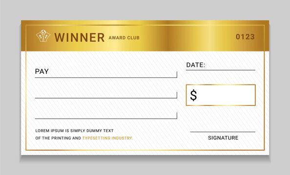Winner award payment check template. Editable golden bank check voucher, Money gift card,