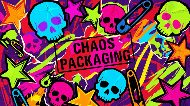 Punk rock grunge chaos background with neon skulls and torn paper