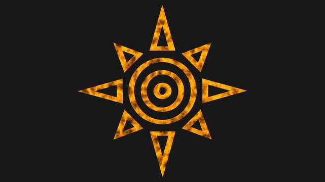 An animated tribal sun compass icon with a radiating star pattern and circular rings glowing orange against a black background