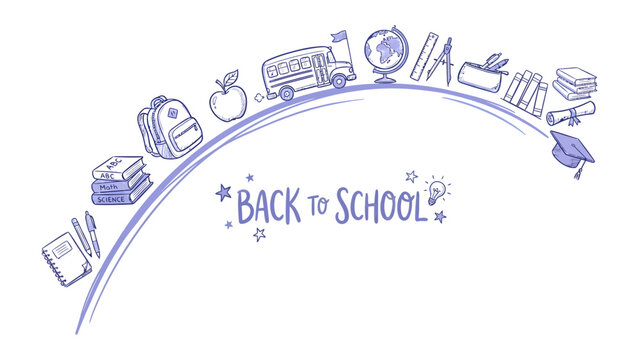 Back to School Doodle Border: A whimsical doodle border featuring classic school supplies and symbols such as a backpack, books, an apple, a school bus, a globe, pencils, and a graduation cap.