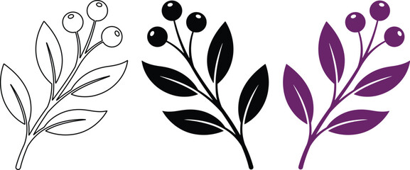 Berry branch vector illustration set, outline, solid black, and purple berry sprig designs, botanical graphic elements for nature-themed projects, decorative floral clip art. © Shanza