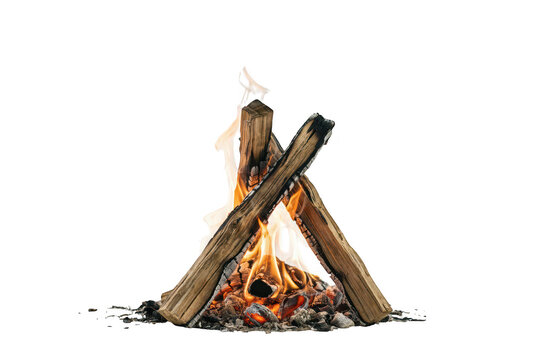 Small campfire with bright orange flames and glowing embers, burning logs on a white background, for outdoor camping, and survival themes