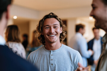 Obraz premium A smiling young man radiates joy and warmth while engaging in conversation, highlighting the essence of friendship and shared moments in a vibrant social gathering.