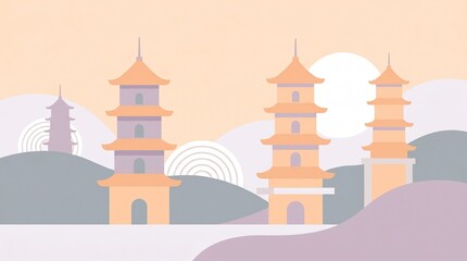 Fototapeta premium Minimalist Vector Illustration of Traditional Asian Pagoda Towers in a Calm Mountain Landscape with Soft Pastel Colors for Zen, Travel, and Cultural Heritage Concepts