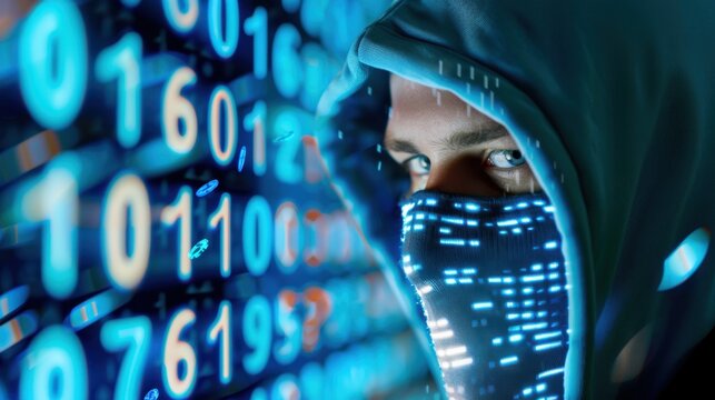 Mysterious Figure with Hoodie and Digital Background Reflects Cybersecurity and Technological Intrigue in Modern Society