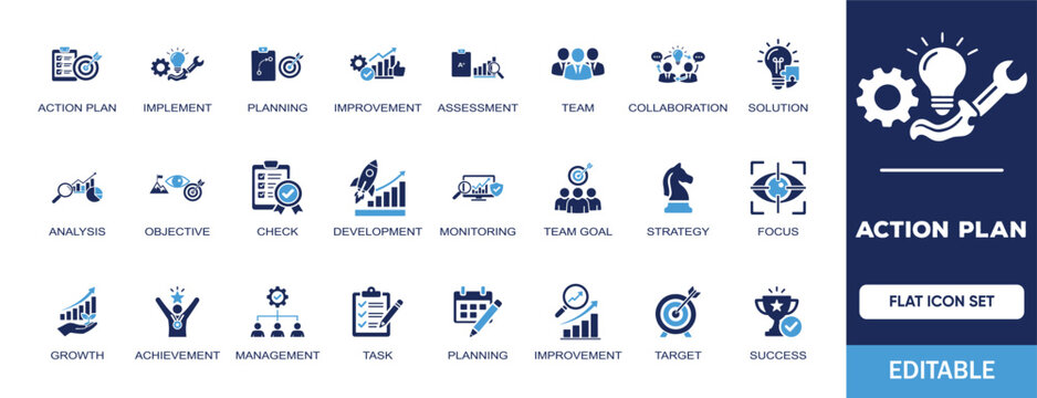 Action Plan editable solid icon set. Containing implement, planning, improvement, solution, team, analysis, management, collaboration, strategy, growth and more illustration vector icons collection.