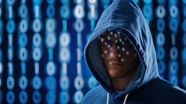 Mysterious Figure in Hoodie with Digital Binary Code Background Representing Cybersecurity and Technology Concept