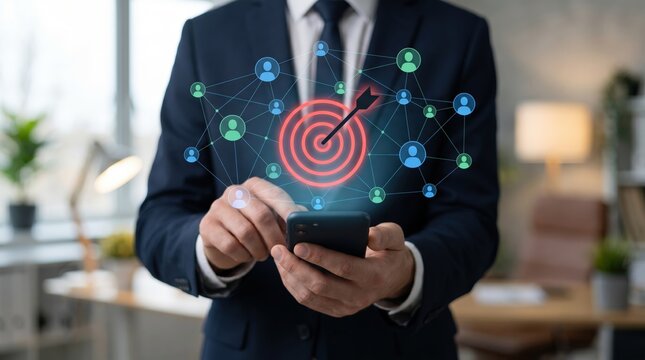 AI Lead Generation, B2B Marketing, and Audience Targeting Concept: Businessman with Mobile Phone Tracking Glowing Red Holographic Target Arrow and Flat Demographic User Profile Avatar Mesh