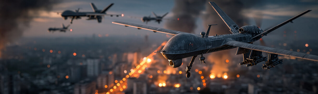 Military Drone Strike: Advanced military drones conduct a synchronized strike over a cityscape, unleashing chaos and destruction amidst explosions and smoke, highlighting modern warfare technology.