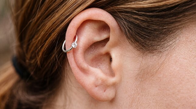 Woman's ear with helix piercing and diamond hoop earring close