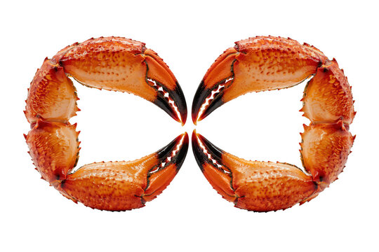 Symmetrical composition of two orange crab claws with dark tips facing each other, captured on a solid black background, for food display
