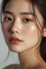 Fototapeta premium Close up portrait of beautiful young Asian woman with natural makeup.