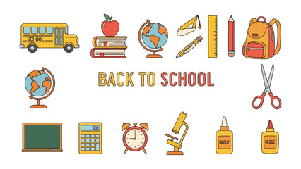 Back to School Essentials: A vibrant collection of school supplies and icons, including a school bus, books, globes, and stationery, creatively arranged with the text BACK TO SCHOOL at the center. © Abu