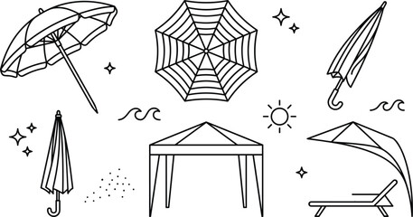 Beach umbrella and canopy tent vector outline illustration set with sun shade folded parasol lounge chair line elements © Hafizul