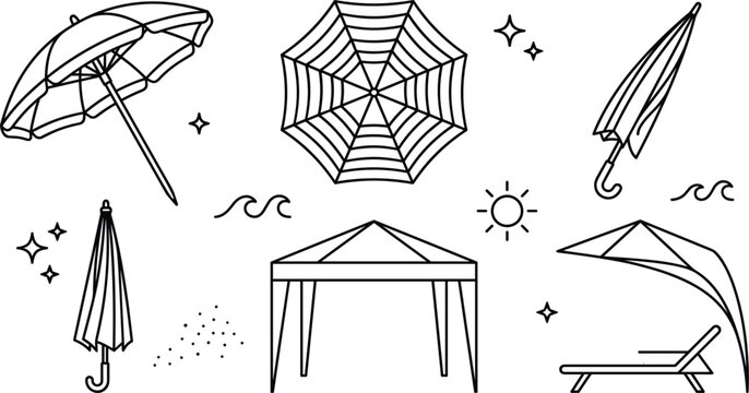 Beach umbrella and canopy tent vector outline illustration set with sun shade folded parasol lounge chair line elements
