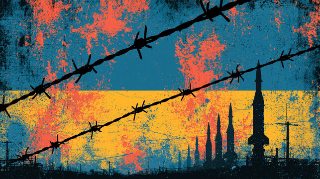 War and Resilience: A stark depiction of conflict with a silhouetted rocket launching against a distressed flag, guarded by barbed wire, symbolizing resistance and struggle.