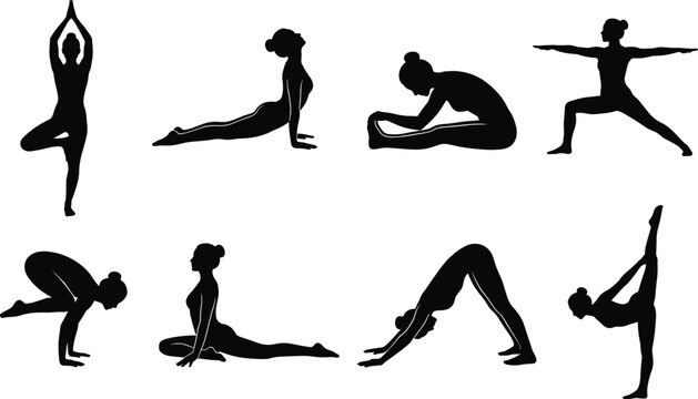 Women Yoga Pose Silhouette Collection with Flexibility Balance and Strength Exercises