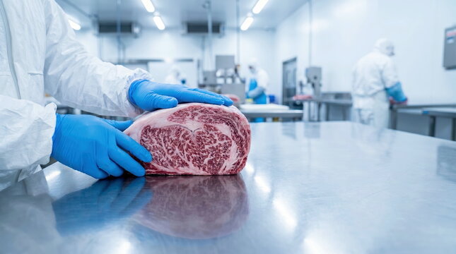 Beef cut handled by gloved worker on stainless steel table in sterile processing facility, food safety and premium meat production.
