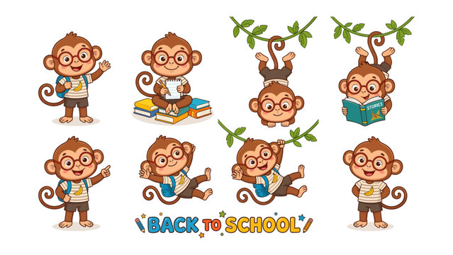 Cute Monkey Collection: A charming collection of cartoon monkeys engaged in various school-related activities, perfect for educational materials or playful designs.