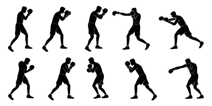 Boxing fighter silhouettes set showing different fighting poses and punches with silhouette fighting training exercise ringsport competition movement strength physical punching professional