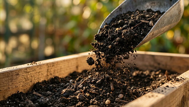 Soil pouring from scoop into wooden garden bed, outdoor gardening for plant cultivation.