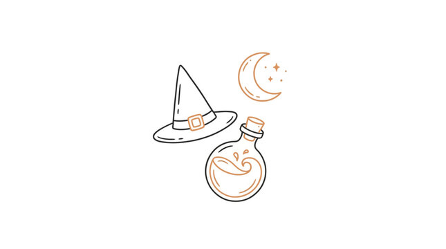 A magical witch's hat and glowing potion bottle float under a crescent moon.