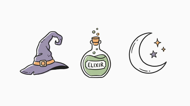 A magical witch's hat sits next to a glowing elixir bottle under a crescent moon