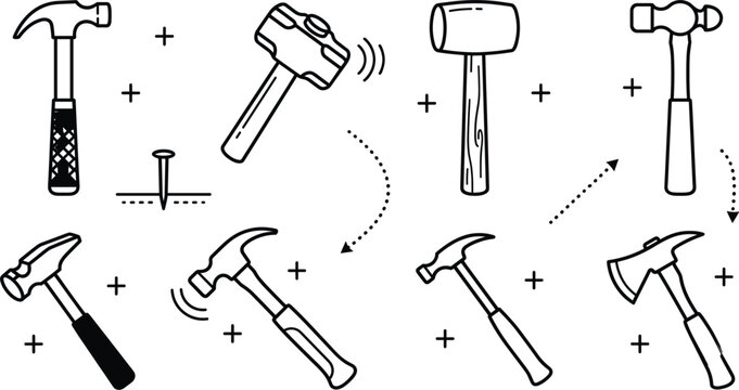 Carpentry hammer mallet sledgehammer and axe vector outline illustration set with construction building hardware repair line art elements