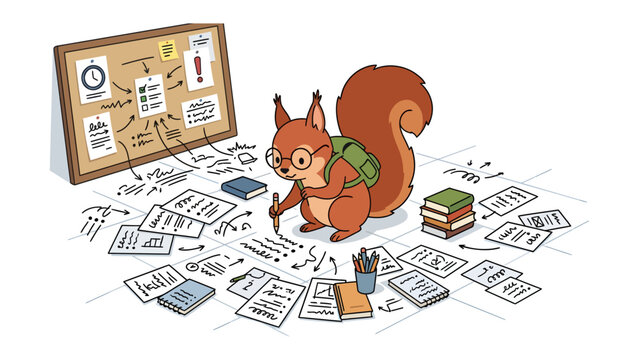 A Squirrel with a Backpack Working on Plans: A cute squirrel wearing glasses and a backpack is surrounded by papers and notes, working diligently on a plan displayed on a corkboard.