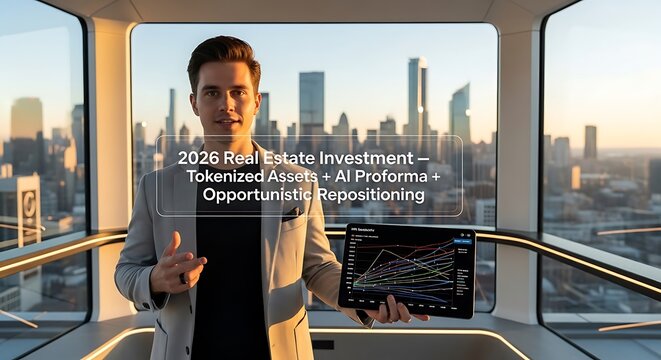 Businessman in a suit stands with a tablet showing financial data, with a city skyline in the background, discussing real estate investment.