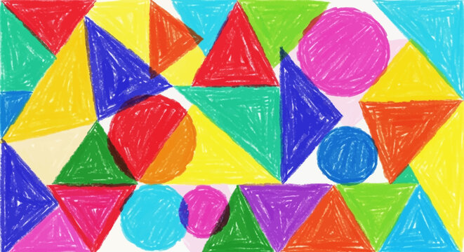 Colorful geometric shapes drawn with crayons, playful pattern