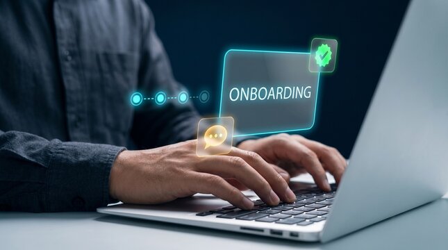 User Onboarding Interface Glows Above Laptop Keyboard to Display Welcome Steps, Show Approval Badge, Guide Account Setup, Confirm Verification, and Streamline Registration Process