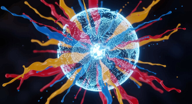 Colorful paint splashes exploding from glowing digital sphere