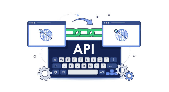 AI, API, and code workflow illustrated with futuristic keyboard and gears.