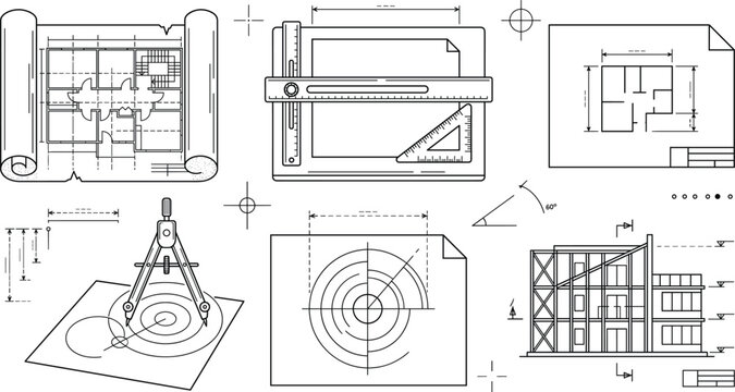 Architectural Blueprint Drawing and Engineering Drafting Icon Set with Building Plan Layout Symbols,