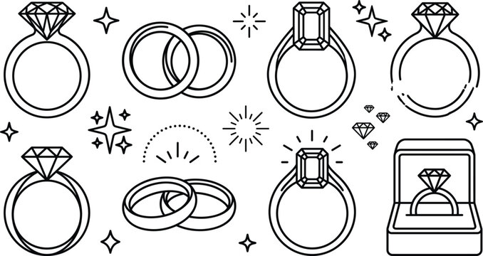Diamond engagement ring wedding bands and luxury gift box vector outline illustration set with sparkling jewel line art elements