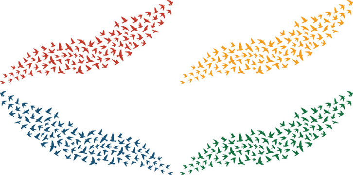 Colorful flying birds vector illustration set, a vibrant flock of migrating birds in red, yellow, blue, and green, dynamic animal silhouettes for nature and freedom concepts