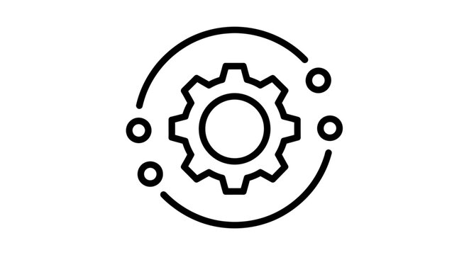 Icon of a gear surrounded by circular orbit elements representing settings and configuration tools.