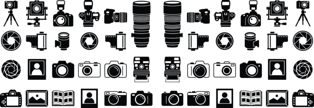 Photography equipment vector icon set, black and white camera gear collection, professional photo studio tools, digital photography accessories, creative media production elements