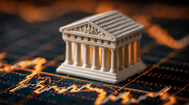 Economic Foundation: A miniature replica of a classical building, symbolizing a bank or financial institution, sits atop a fluctuating stock market graph.