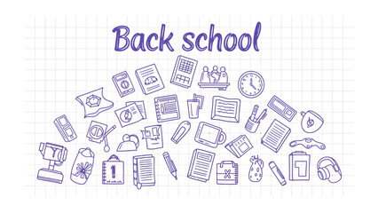 Fototapeta premium Back to School Doodle Collection: A hand-drawn collection of school supplies and academic icons, with Back school written in a playful font, evoking the excitement of a new academic year.