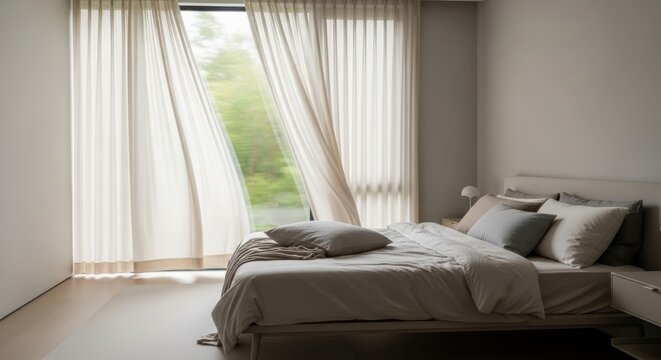 A serene bedroom scene with a neatly made bed, pillows, and curtains, overlooking greenery outside the window in a modern interior.