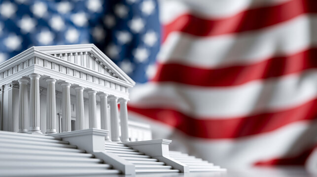 American Justice Symbolized: A miniature replica of a grand courthouse stands prominently in the foreground, its classical architecture a symbol of law and order.