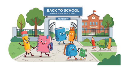 Naklejka premium Back to School Characters: A cheerful group of anthropomorphic school supplies, including a book, pencil, backpack, and notebook, joyfully enter an academy gate with a banner reading Back to School.