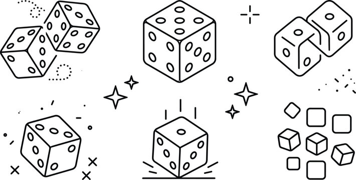 Game dice cube and rolling gambling toy vector outline illustration set with casino luck line art design elements