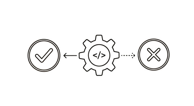 Illustration of a quality check process with code symbol and cross mark.