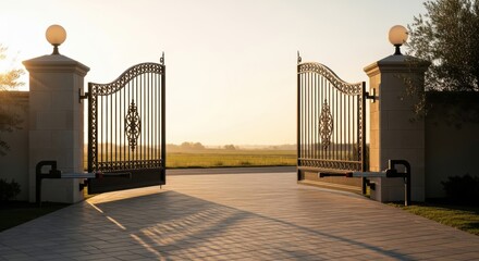 Obraz premium An open iron gate leads to a pathway surrounded by grass at sunrise.