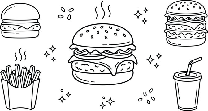 Hand drawn fast food vector doodle element set featuring delicious burgers french fries and soda drink icon.