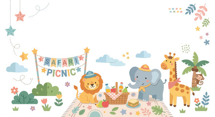 Fototapeta premium An adorable safari-themed illustration shows a lion, elephant, and giraffe gathered around a picnic basket with a 